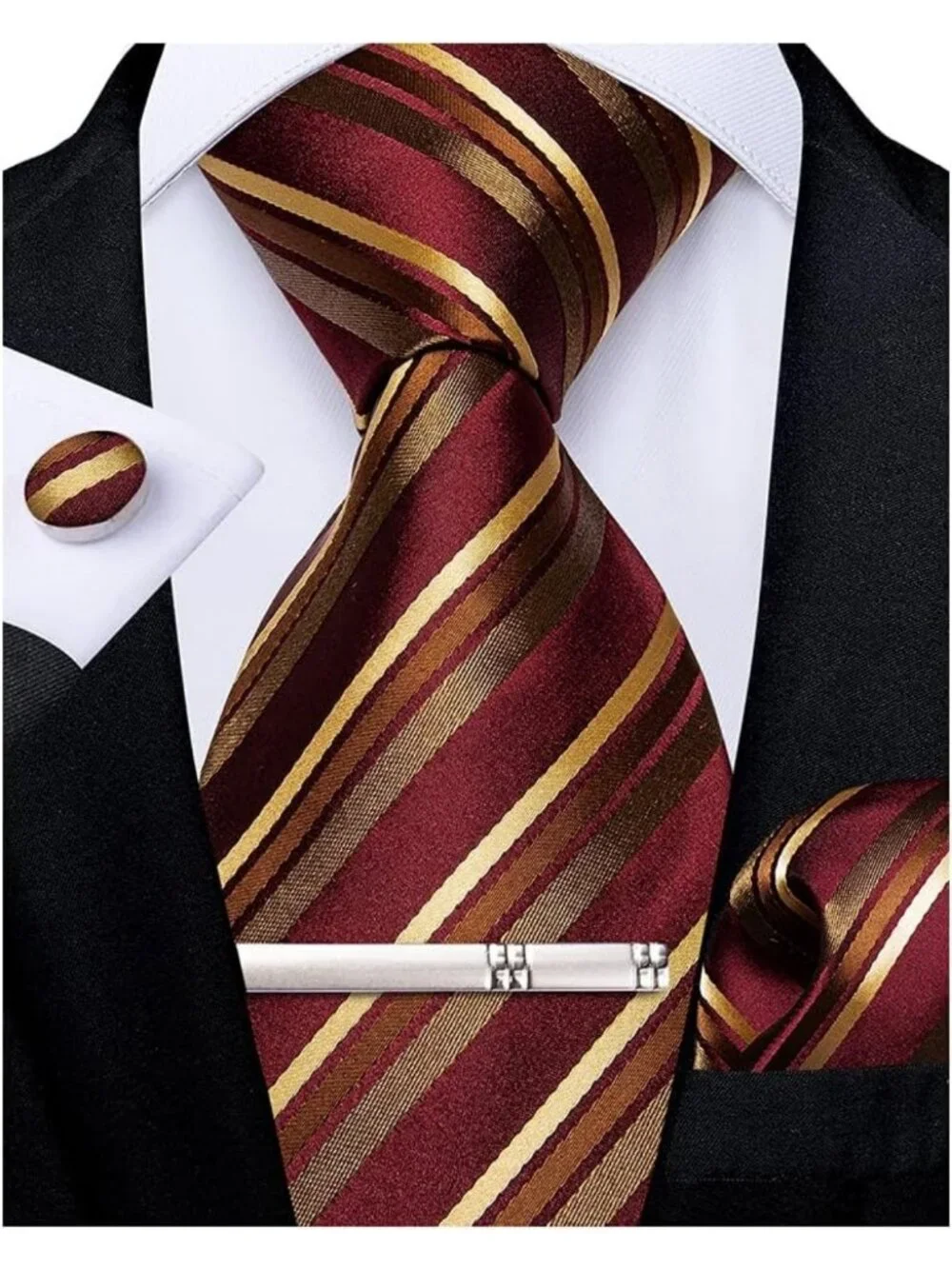 Men's Silk Striped Tie Set with Pocket Square & Cufflinks - Formal Wedding Gift